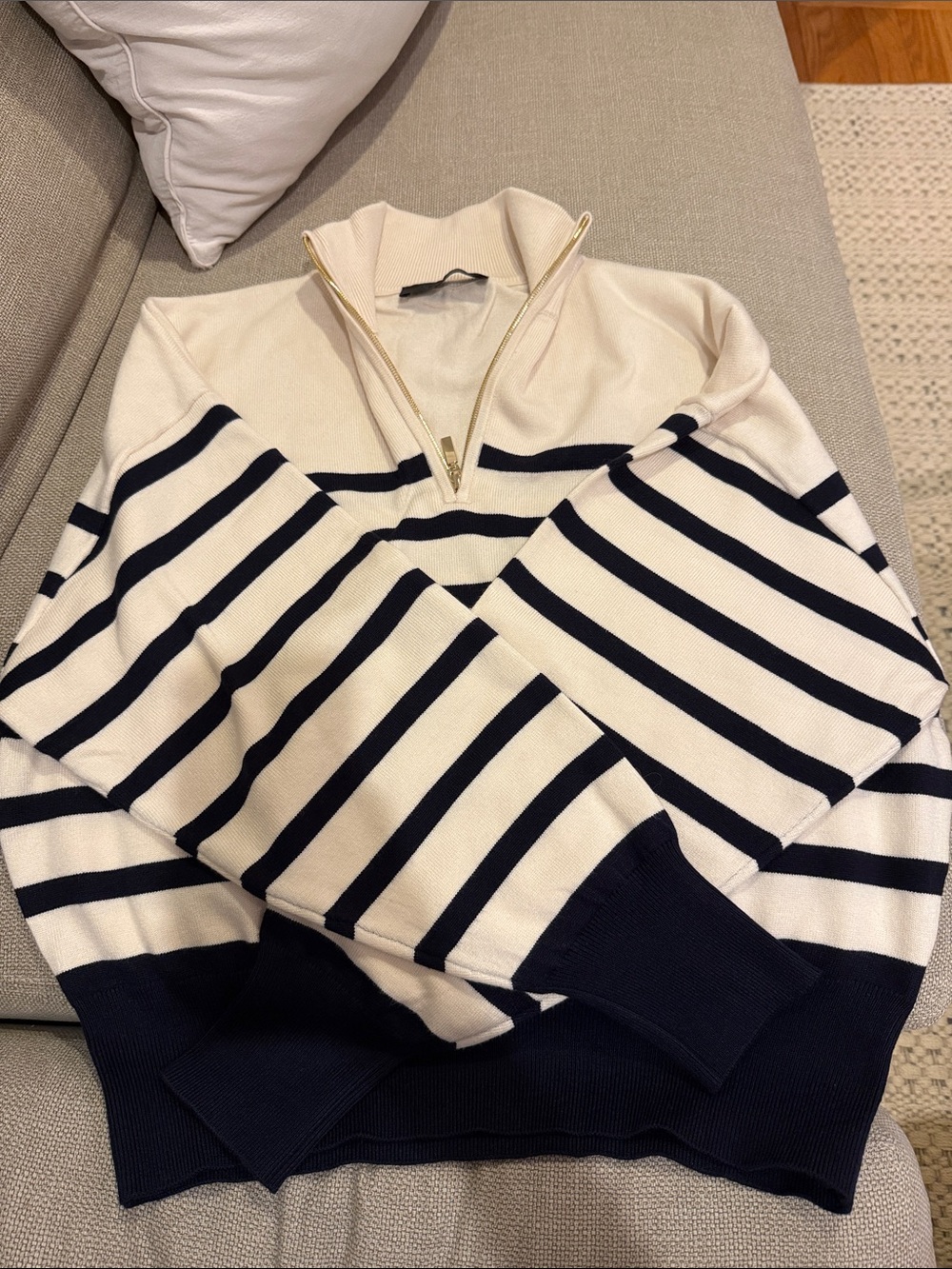 Zara Women’s Cream and Navy Quarter-Zip Stripe Sweater